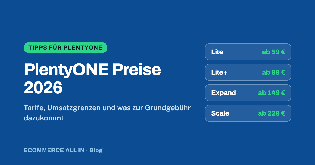 Titelbild: PlentyONE Preise 2026 — Lite ab 59 €, Lite+ ab 99 €, Expand ab 149 €, Scale ab 229 €